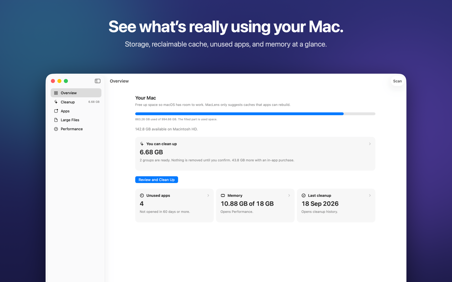 DiskLens Overview showing storage used, cache that can be cleaned, unused apps, and memory.