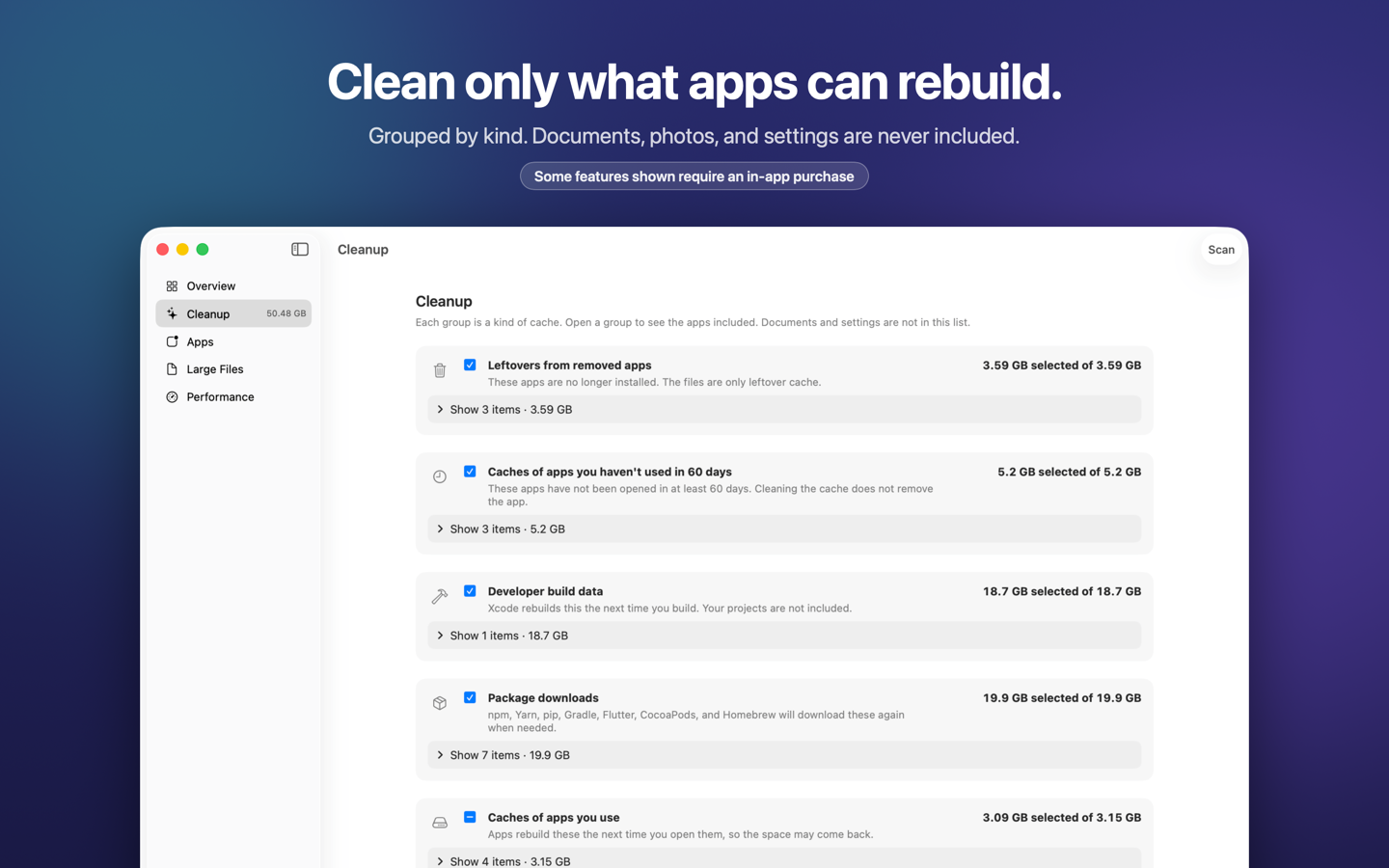 DiskLens Cleanup grouped into leftovers, unused-app caches, developer build data, and package downloads.