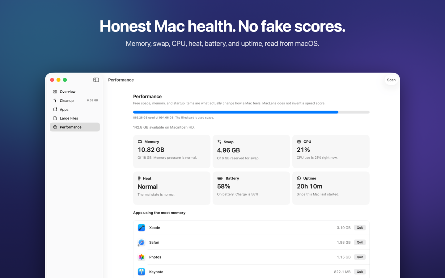 DiskLens Performance showing memory, swap, CPU, heat, battery, and uptime from macOS.